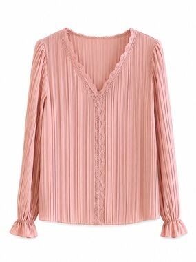 4/$20➡️ Soft Pink Pleated Blouse Lace Trim & Flouncy Sleeves – Size Large NWoT